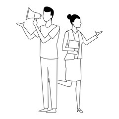 Coworkers teamwork cartoon in black and white