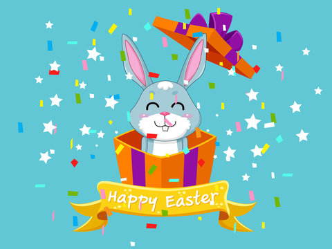 Happy Easter and cute bunny that comes out of the gift box. Vector illustration decorative element on Easter Day