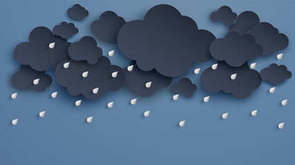 Illustration of Cloud and rain on dark background. heavy rain, rainy season, paper cut and craft style. vector, illustration.