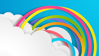 Illustration of design a rainbow on the sky in paper craft style. paper art design for clouds and rainbow in rain season. paper cut and craft design. vector, illustration.