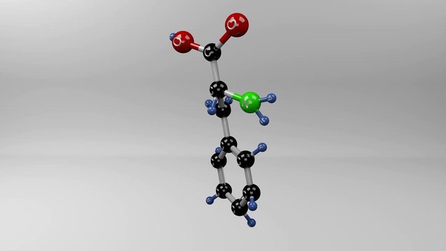 Phenylalanine molecule. Molecular structure of L-phenylalanine, essential amino acid important in the structure and function of proteins and enzymes.
