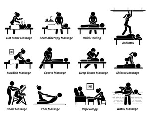 Type of massages and therapies. Artworks depict hot stone massage, aromatherapy, Reiki healing, ashiatsu, Swedish, sport massage, deep tissue, Shiatsu, chair, Thai massage,foot reflexology, and Watsu.