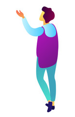 Young businessman looking up with raised hand, tiny people isometric 3D illustration. Manager and boss, teacher and salesman, designer and presentation concept. Isolated on white background.