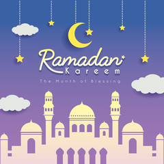 Ramadan greeting card. Mosque silhouette with crescent moon, stars and clouds as background. Vector illustration. Ramadan Kareem means Ramadan the Generous Month.