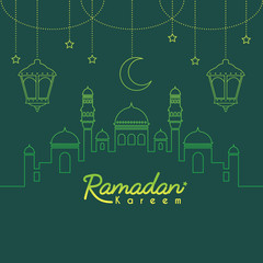 Ramadan Kareem template or copy space. Mosque with crescent moon and lantern in gradient lien art style on blue background. Ramadan Kareem means Ramadan the Generous Month. 