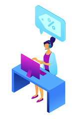 Female operator with headset at computer working and speech bubble with percent sign, tiny people isometric 3D illustration