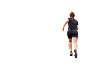 portrait of healthy young female athlete running  (back view) isolated on white background with clipping path
