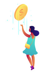 Businesswoman catching falling dollar coin, tiny people isometric 3D illustration