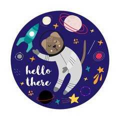 Cute dog in space hand drawn vector color character. Sketch dog astronaut, planets, rocket.Space doodle drawing. Isolated cartoon kids book, textile illustration.