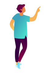 Young businessman looking right and pointing finger at something, tiny people isometric 3D illustration. Showing direction, presenting and advertising, introduce concept. Isolated on white background.