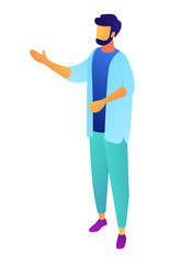 Businessman with raised hand speaking and thinking, tiny people isometric 3D illustration