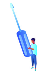 Worker holding a huge screwdriver, tiny people isometric 3D illustration