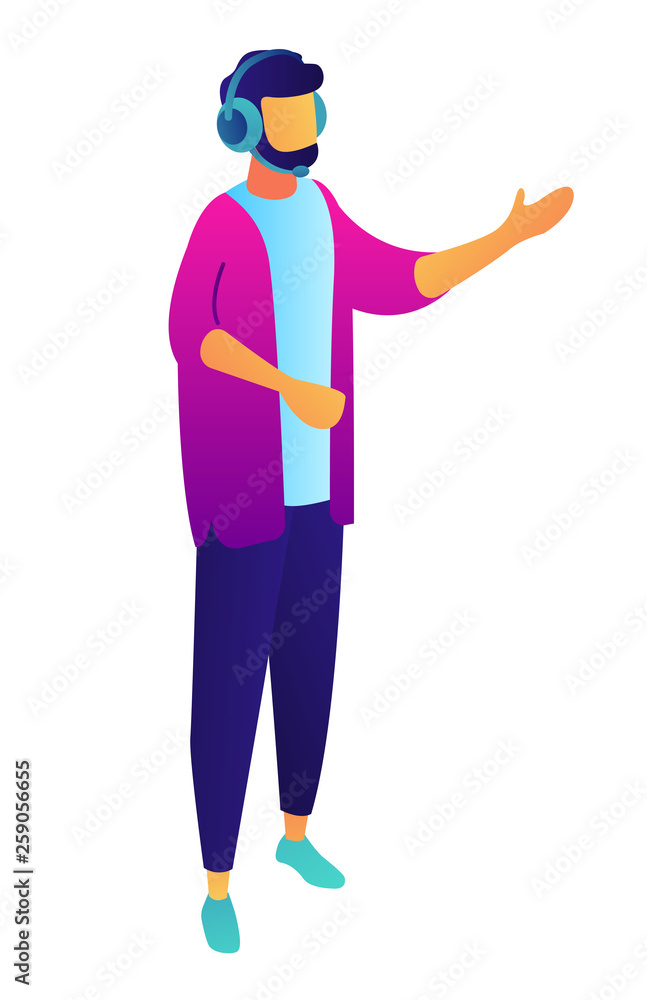 Canvas Prints businessman standing with headset and raised hand explaining, tiny people isometric 3d illustration.