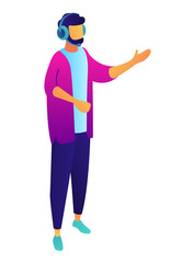 Businessman standing with headset and raised hand explaining, tiny people isometric 3D illustration. Technical support specialist, operator, online presentation concept. Isolated on white background.