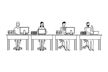 people in office desk black and white