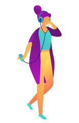 Businesswoman with headphones listening to music and dancing, tiny people isometric 3D illustration