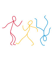 3 tanzende strichmännchen freunde bunte party musik tanzen feiern club disko moves spaß team crew truppe bewegen cool clipart design