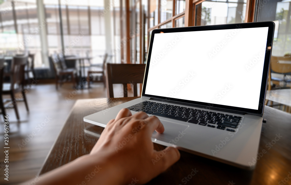 Poster mockup image of business laptop with blank screen on table blank copy space screen for your advertis