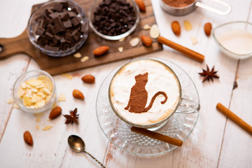 Fototapeta na wymiar cat mark decorated on cup of hot chocolate
