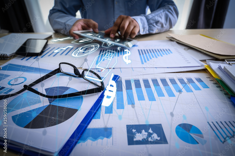 Poster working team meeting concep graph financial with social network diagram discussing data analysis dat