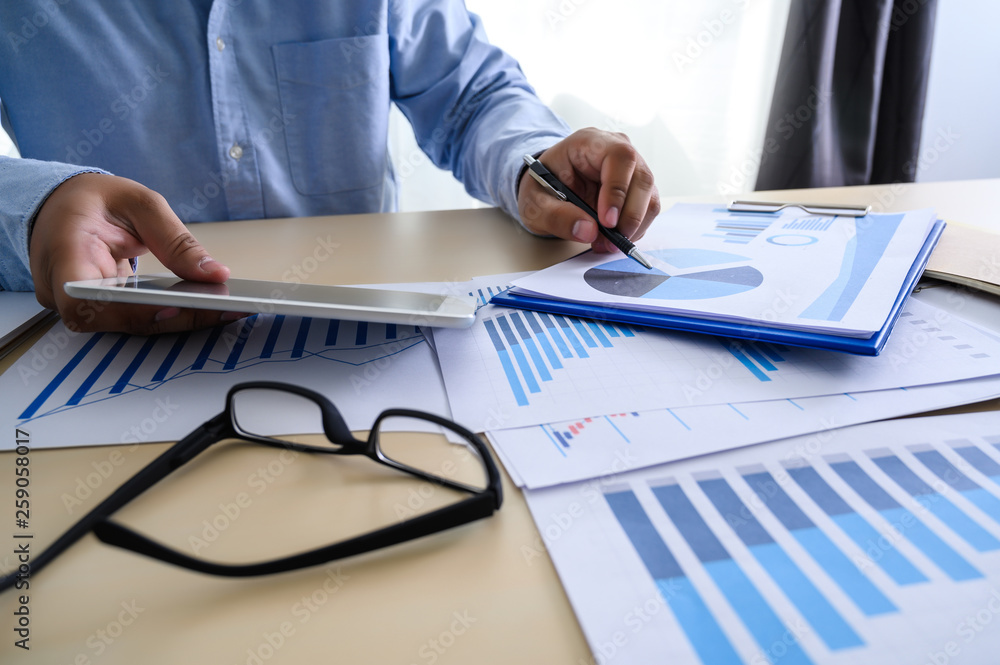 Poster business documents on office graph financial with social network diagram discussing data analysis da