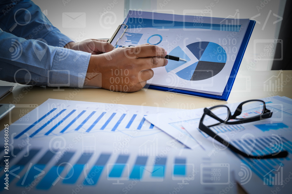 Poster working team meeting concep graph financial with social network diagram discussing data analysis dat