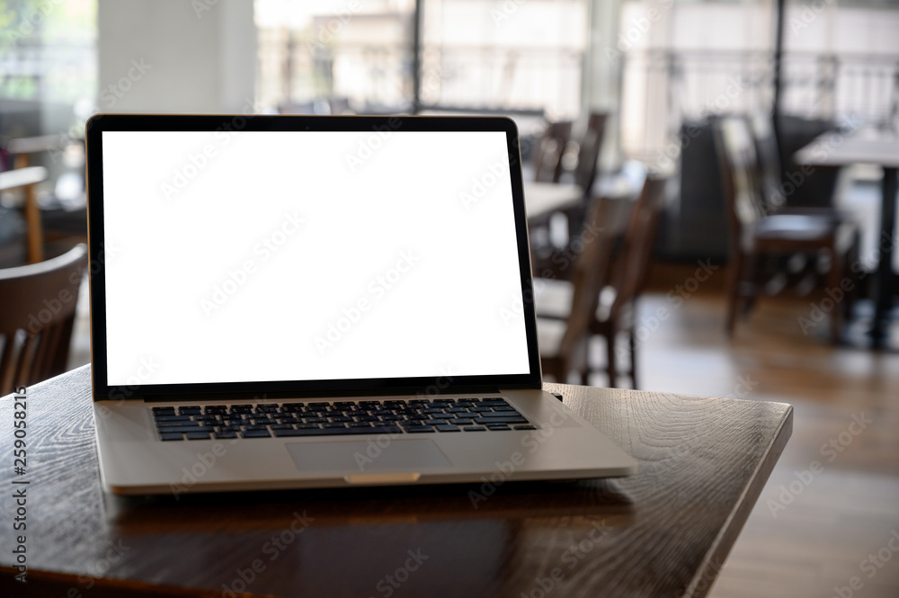 Poster mockup image of business laptop with blank screen on table blank copy space screen for your advertis