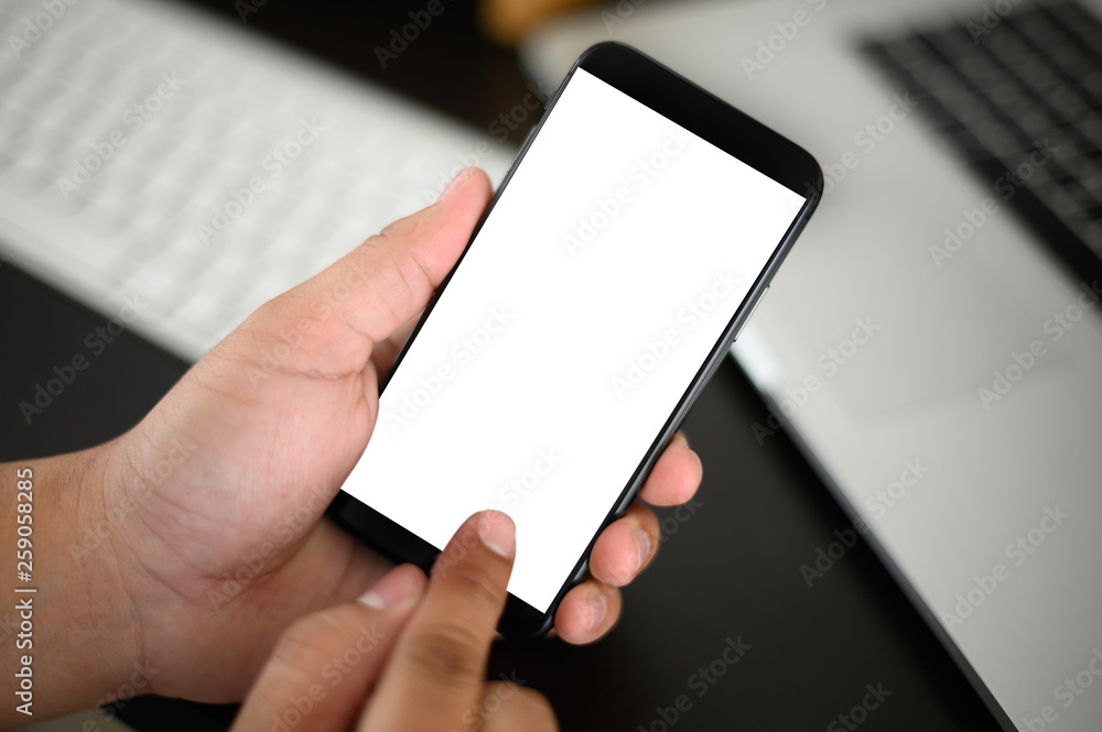 Poster manhands using a smartphone text work digital and communication concept