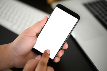 manhands using a smartphone text work digital and communication concept