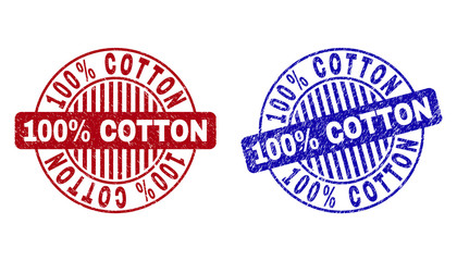 Grunge 100% COTTON round stamp seals isolated on a white background. Round seals with distress texture in red and blue colors.