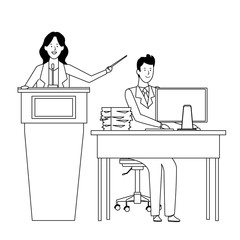 couple in a podium and office desk black and white