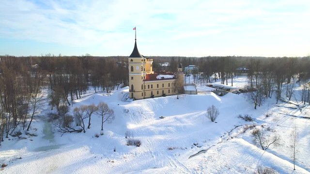 View of the old castle Beep (Mariental), Sunny February day. Pavlovsk, Russia (aerial video)