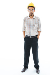 Engineer man standing yellow helmet