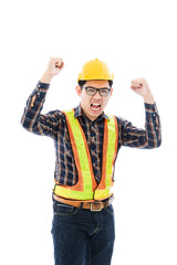 Engineer man cross arm orange helmet and vest