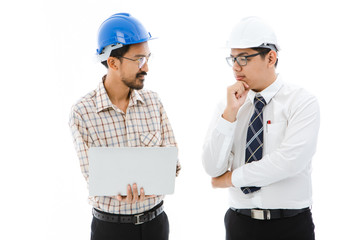 Two Engineer man blue helmet notebook consult