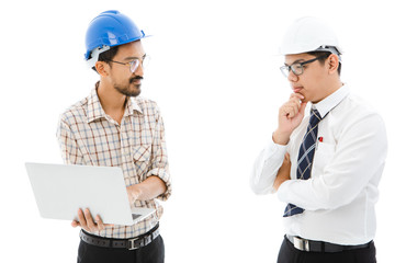 Two Engineer man blue helmet notebook consult