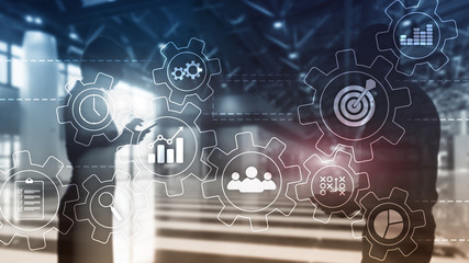 Business process automation concept. Gears and icons on abstract background.