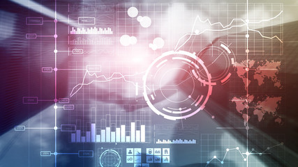 Fototapeta premium Business intelligence BI Key performance indicator KPI Analysis dashboard transparent blurred background.