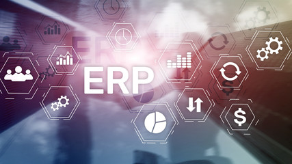 Fototapeta premium ERP system, Enterprise resource planning on blurred background. Business automation and innovation concept.