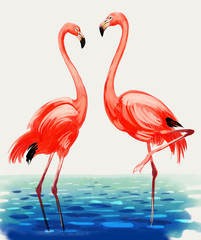 Beautiful flamingo birds. Digital painting