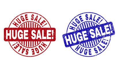 Grunge HUGE SALE! round stamp seals isolated on a white background. Round seals with distress texture in red and blue colors.