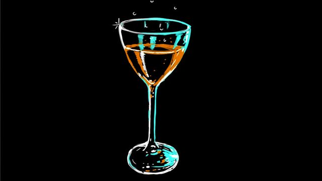 2d Animation motion graphics drawing of a glass of champagne wine with fizzy bubble on black screen in HD high definition.