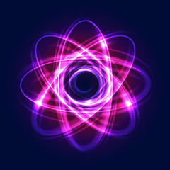 Abstract atom from particles, abstract light background. Blue purple shining cosmic atom model. Vector Illustration