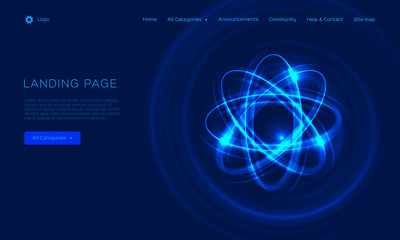 Abstract atom from particles, abstract light background. Blue shining cosmic atom model. Trend gradient design for Web page, mobile app or landing page template. Vector Eps10 - obrazy, fototapety, plakaty