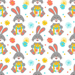 Cartoon bunny pattern, Cute rabbit holds a gift pattern seamless. Happy hares wallpaper on white background. Vector pattern seamless