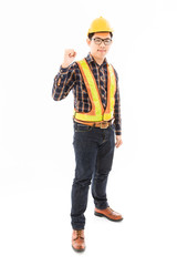 Engineer man cross arm orange helmet and vest