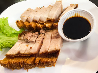 Crispy fried pork with sweet and  rich sauce. This is a main menu, eaten with rice and fresh salads