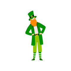 Bearded Man in Green Irish Costume Celebrating Saint Patrick Day Vector Illustration