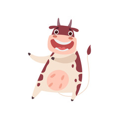 Cute Smiling Cow Having Fun, Funny Farm Animal Cartoon Character Doing Welcome Gesture Vector Illustration