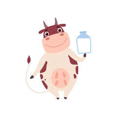 Cute Smiling Cow Standing on Two Legs and Holding Jar of Milk, Funny Farm Animal Cartoon Character Vector Illustration